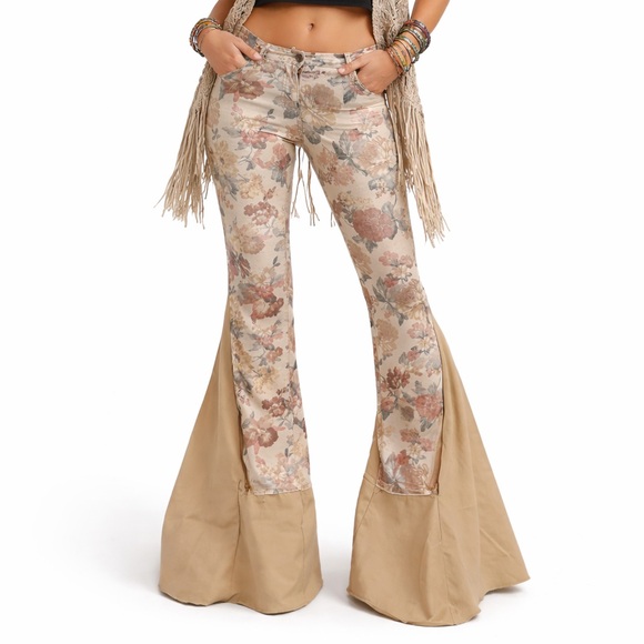 Handmade Pants - Floral Beige Flared Pants
